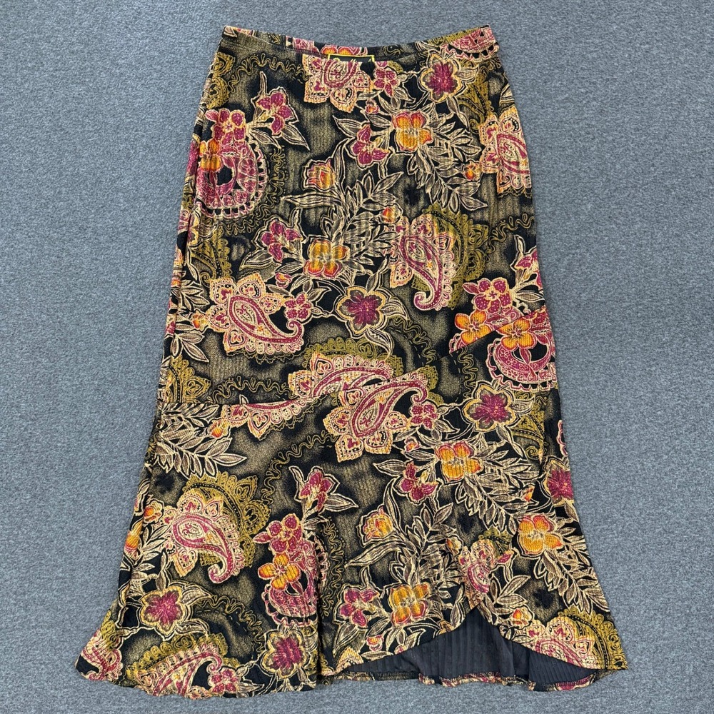 Vintage Mirasol Paisley Midi Skirt Womens Size M Black Gold Good Boho Whimsigoth